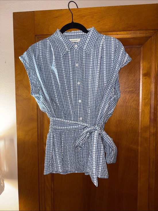 Max Studio Tops - Max Studio Blue and White Gingham Tie-Waist Button-Down Top; sleeveless; M